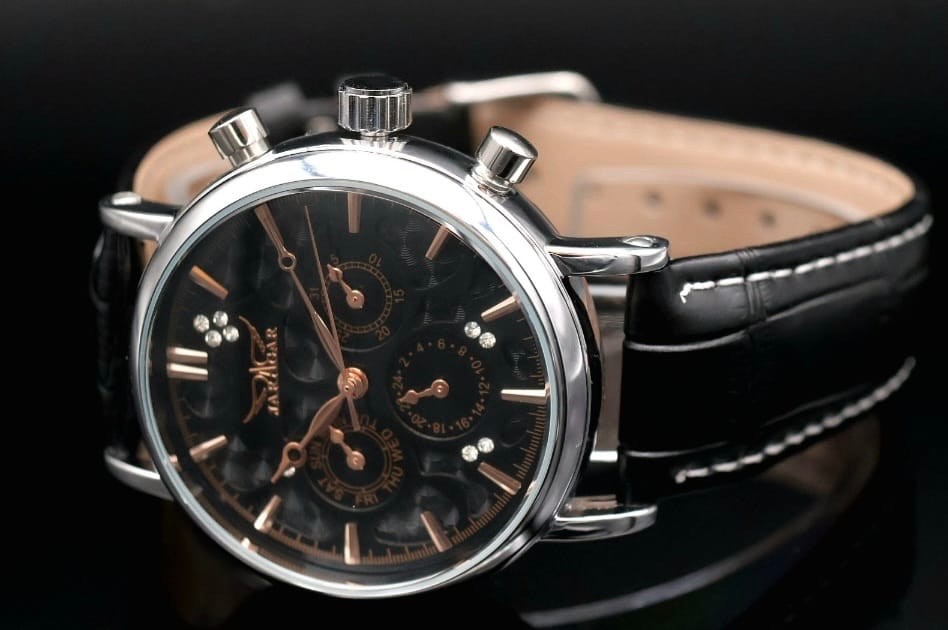 JARAGAR Damen Armband Uhr Automatikur Schwarz Rosé Farben Chronographenfunktion1