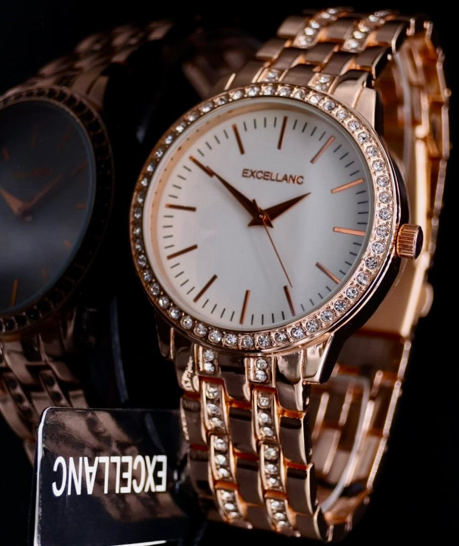 Mega Edle Excellanc Damen Frauen Armband Uhr Weiß Rosé Farben Damenuhr Strass1