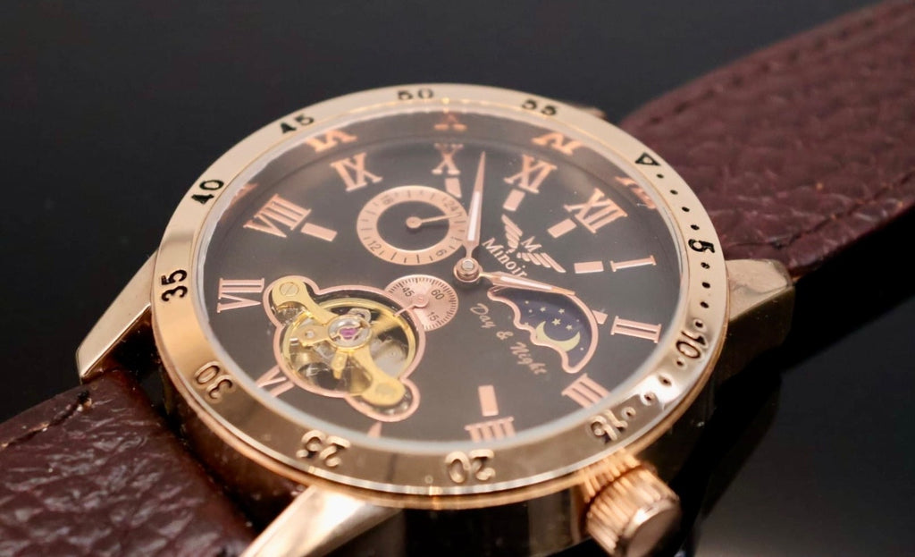 Edle Minoir Herren Uhr Automatikuhr Armbanduhr Minoir Herrenuhr mit Lederband 10