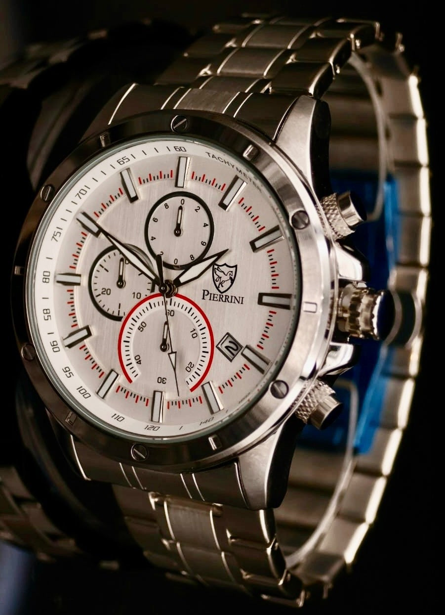 Pierrini Herren Armband Uhr Chronograph Stoppuhr Datum  Silber Farben NEU0