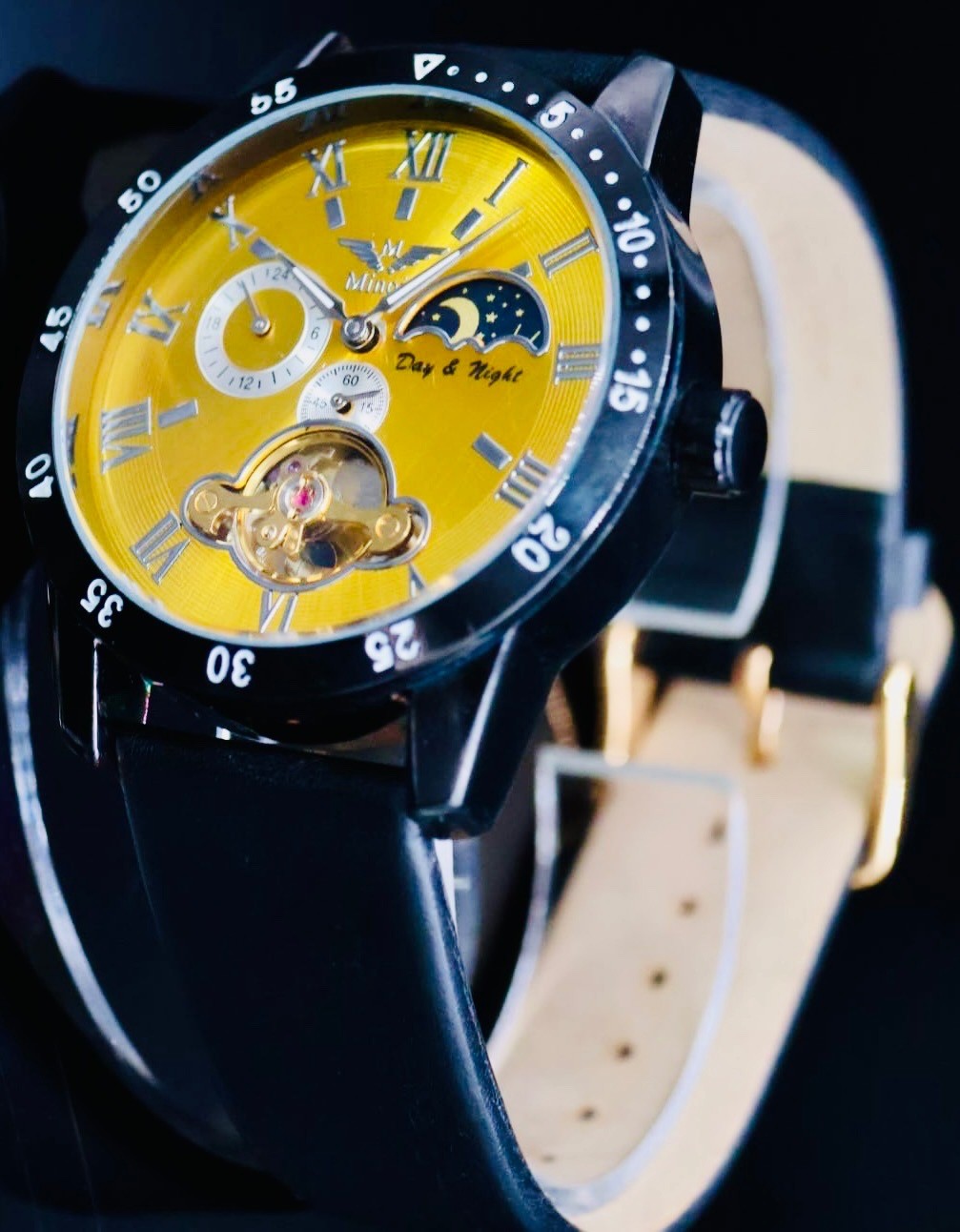 Minoir Herren Uhr Automatik Armbanduhr Geld Schwarz Farben Herrenuhr Lederband0