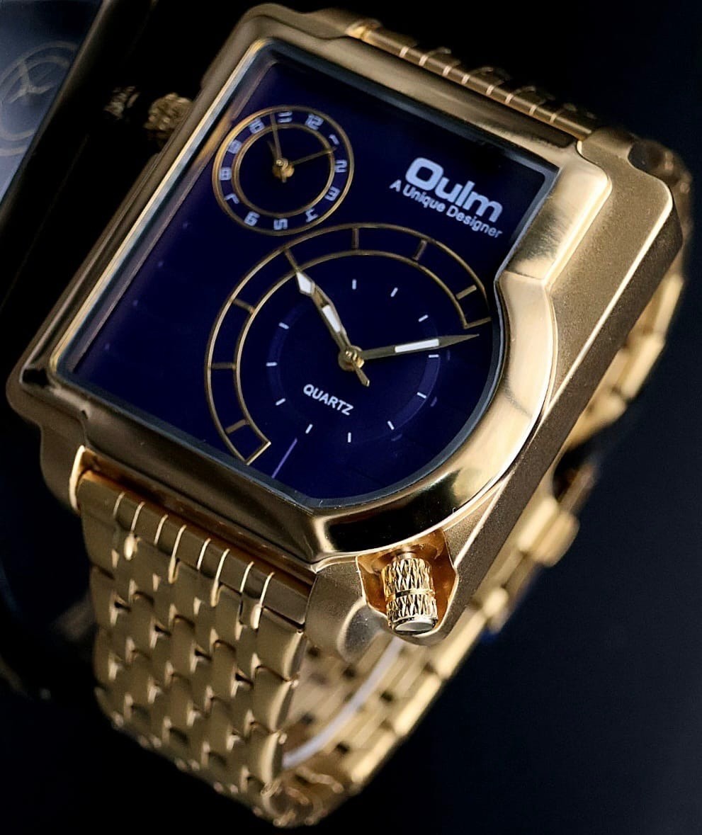 Edle Dual Timer Watch Herren Edelstahl Armband Uhr Blau Gold Farben Herrenuhr0