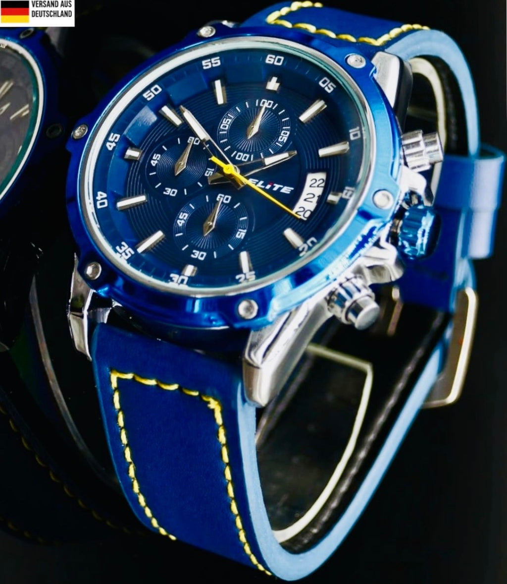 Elite Herren Armband Uhr Chronograph Datum Lederband Silber Blau Gelb Farben0