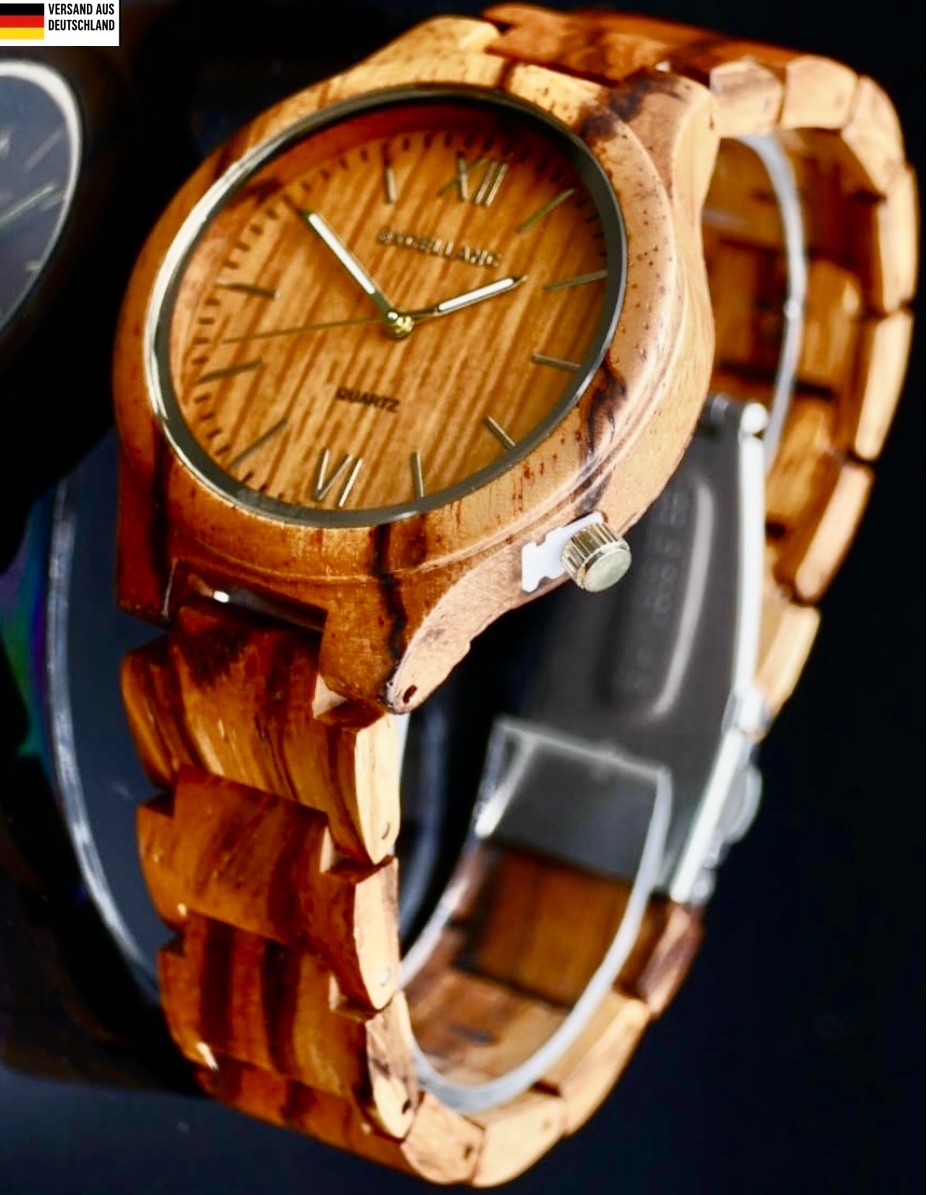 Excellanc Damen Frauen Armbanduhr aus Zebraholz Edelstahl Faltschließe Damenuhr0