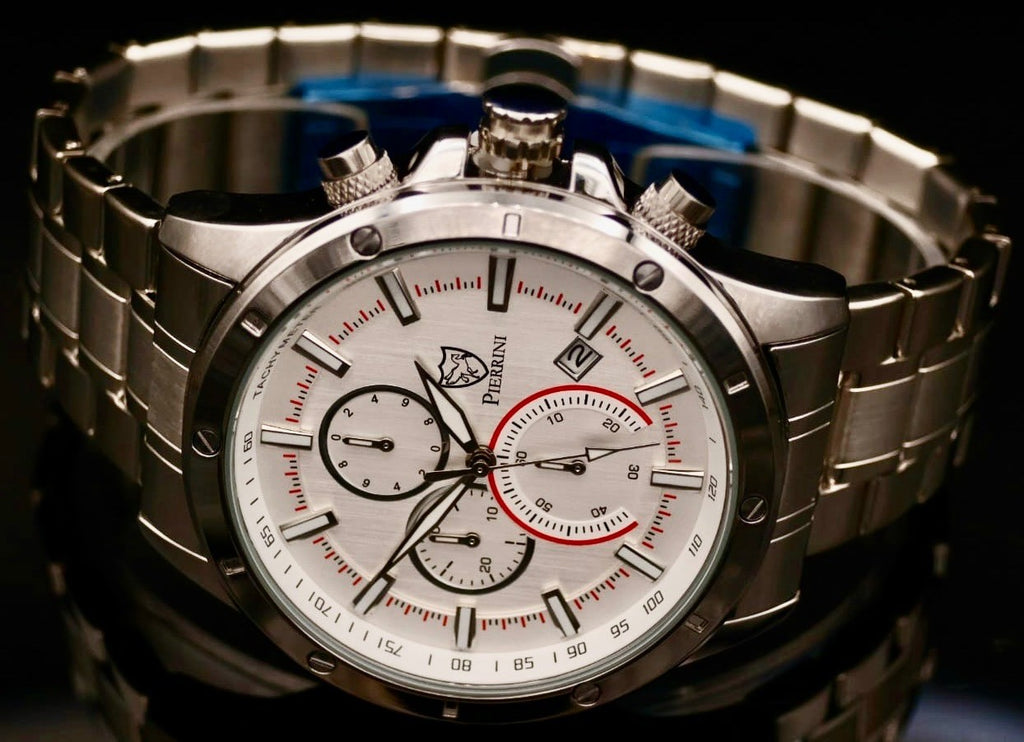Pierrini Herren Armband Uhr Chronograph Stoppuhr Datum  Silber Farben NEU1