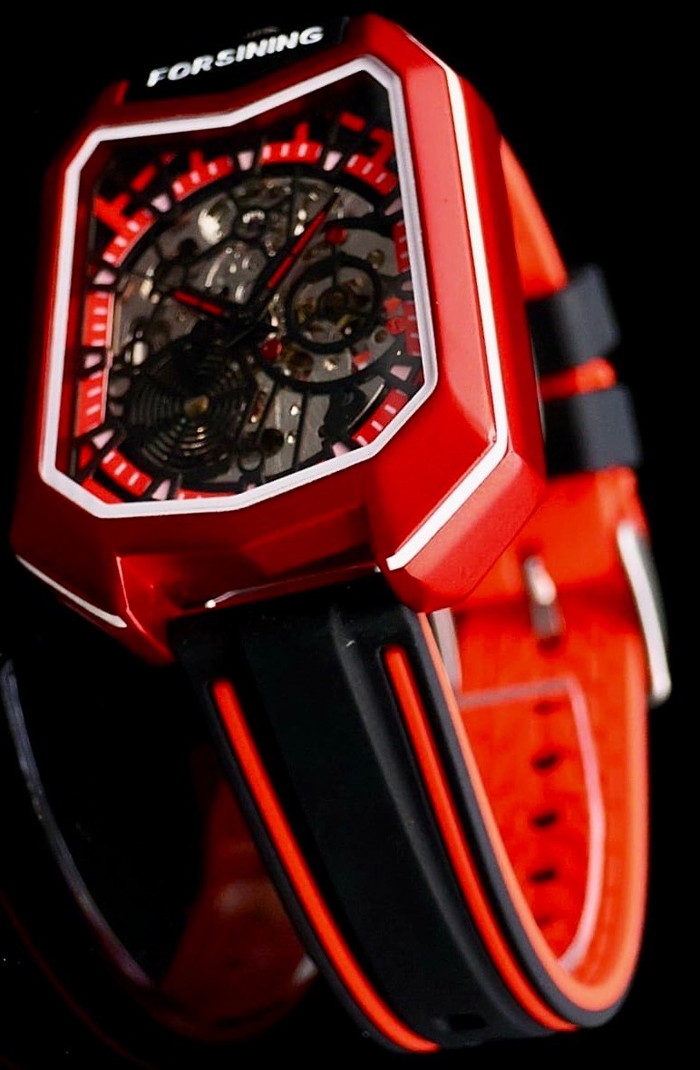 Sportliche Herren Automatik Uhr Herrenuhr in Rot Schwarz Farben offenes Uhrwerk1