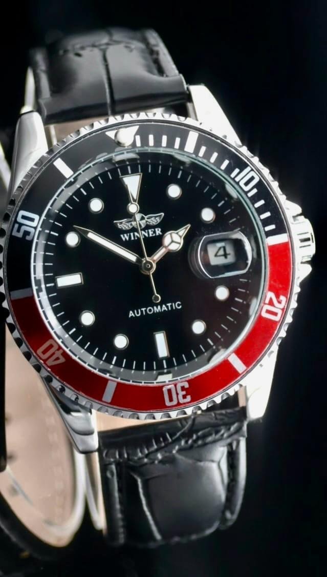 WINNER - HERREN - UHR - AUTOMATIK - SCHWARZ- ROT - DATUM - LEDER - 40MM0