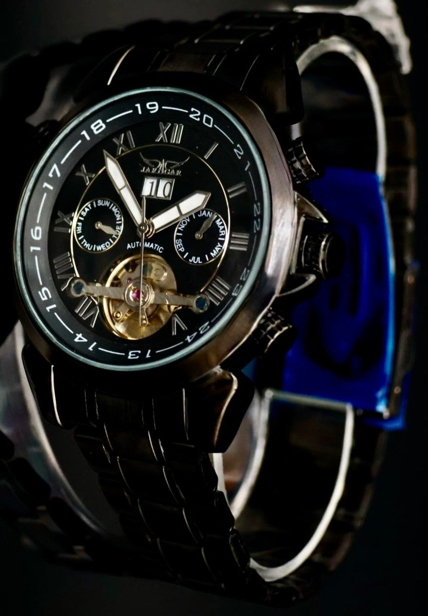 Mega edle JARAGAR Herren Automatikuhr Herrenuhr Schwarz Farben im Keramik Look1