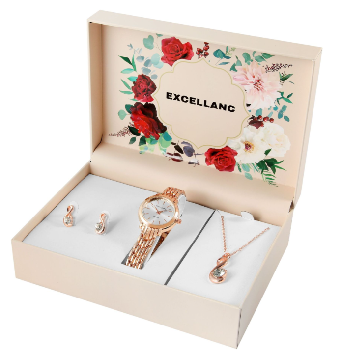 Excellanc Damen Geschenkset Armbanduhr Halskette und Ohrringe Roségold Farben0