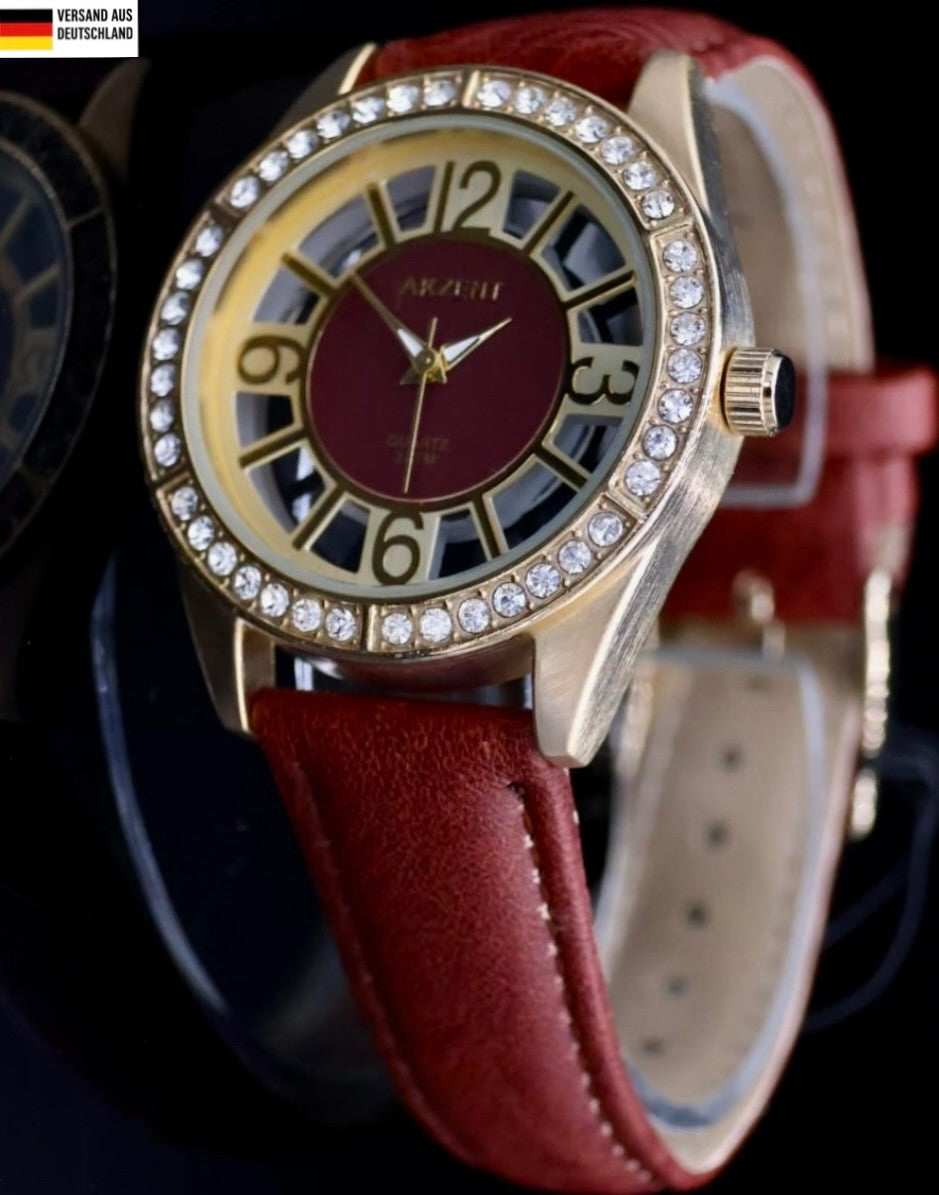 Mega Edle Damen Frauen Armband Uhr Rot Weiß Farben Damenuhr Mineralglas Strass0