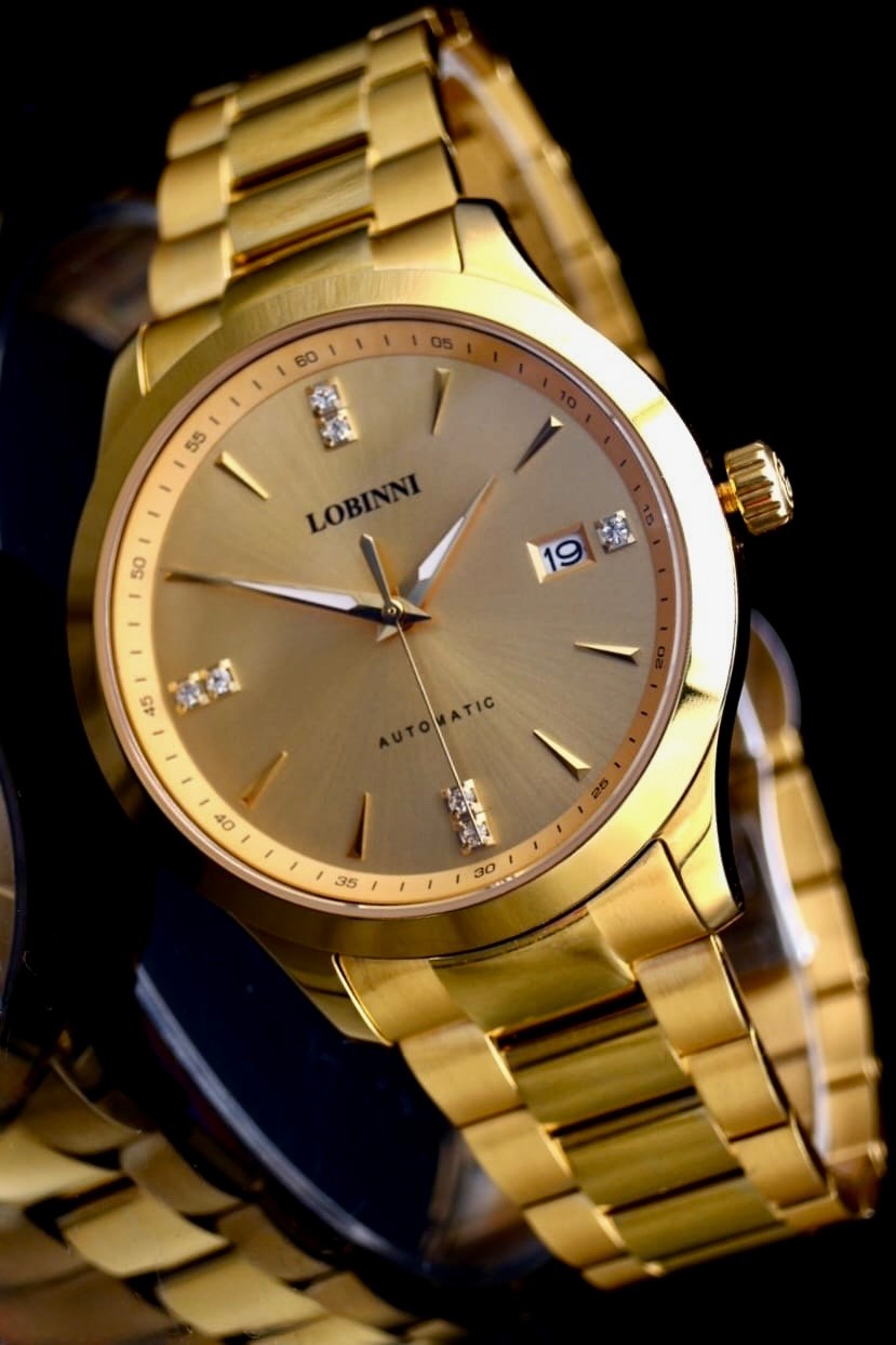 Lobinni Herren Männer Automatik Uhr Gold Farben Datum Glasboden NEU0