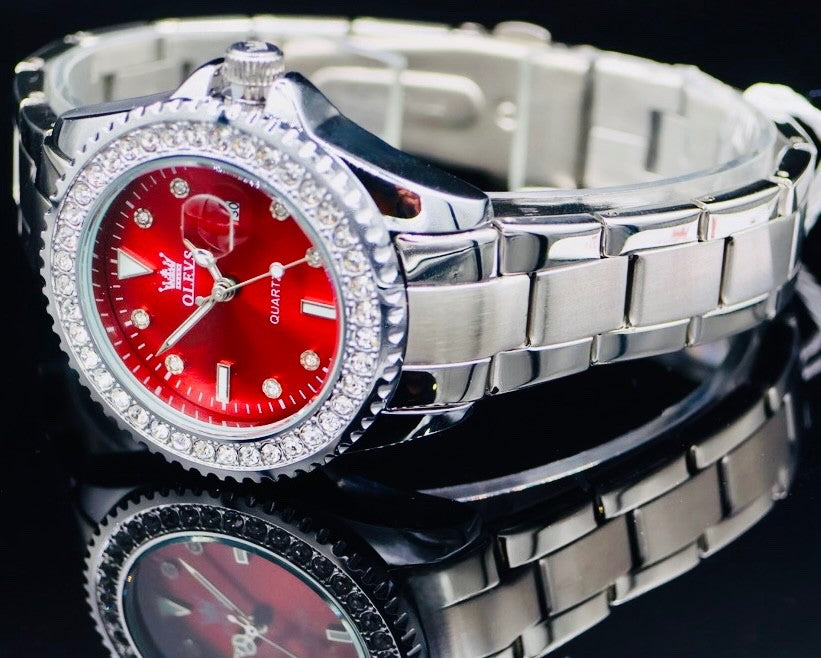 OLEVS Damen Frauen Armband Uhr Rot Silber Farben Strassbesatz & Datumsanzeige1