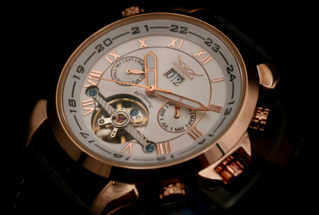 JARAGAR Herren Männer Armband Uhr Automatikuhr Weiß Rosé Farben mit Lederarmband0