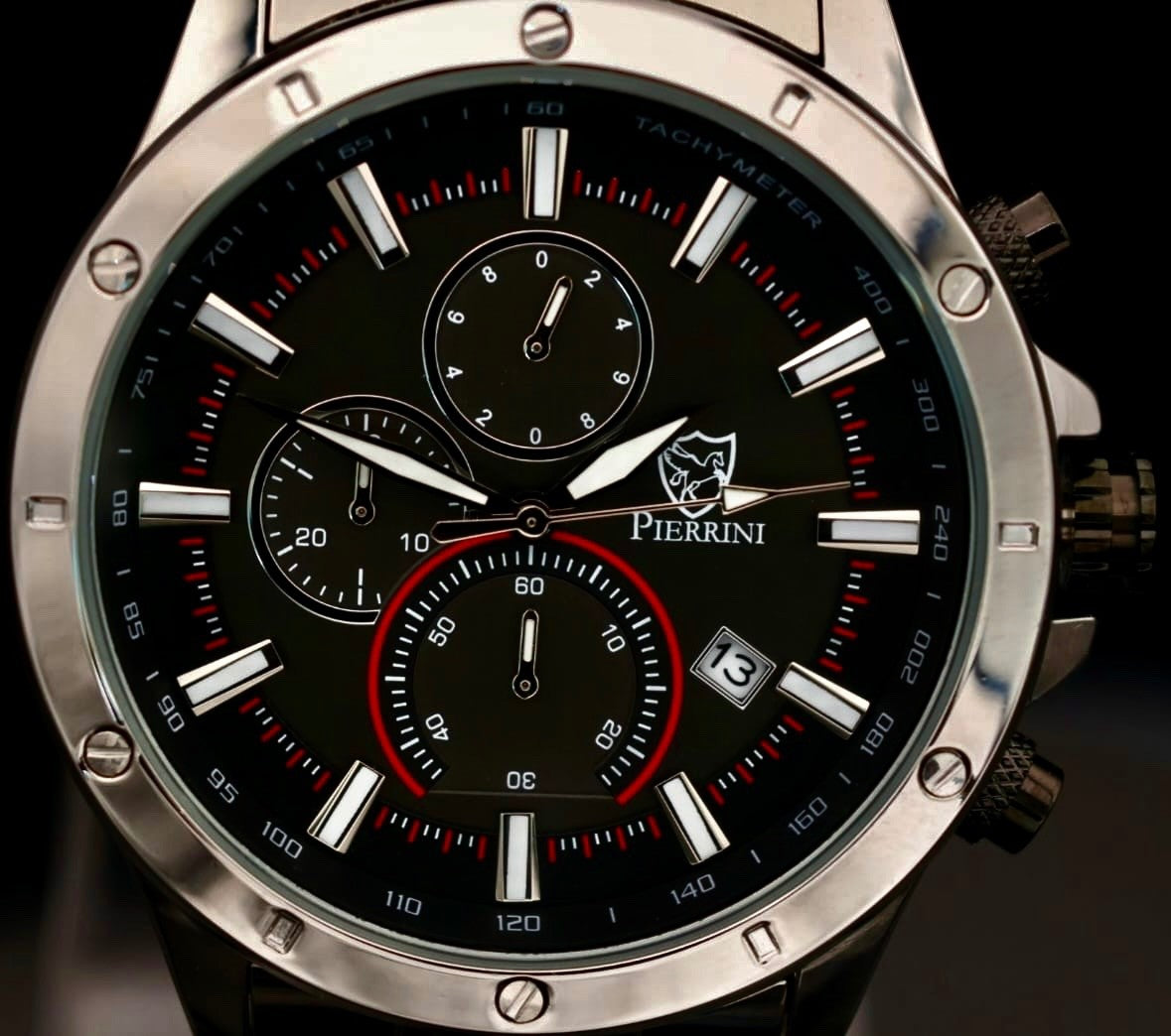 Pierrini Herren Armband Uhr Chronograph Stoppuhr Datum Schwarz Silber Farben **0