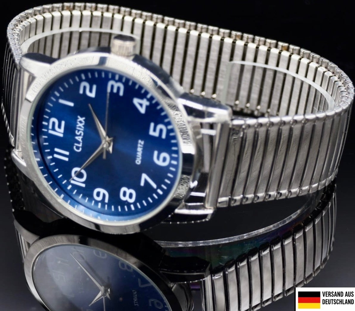 Clasixx Herren Edelstahl Armband Uhr Zugband Blau Silber  Farben Zugarmband0