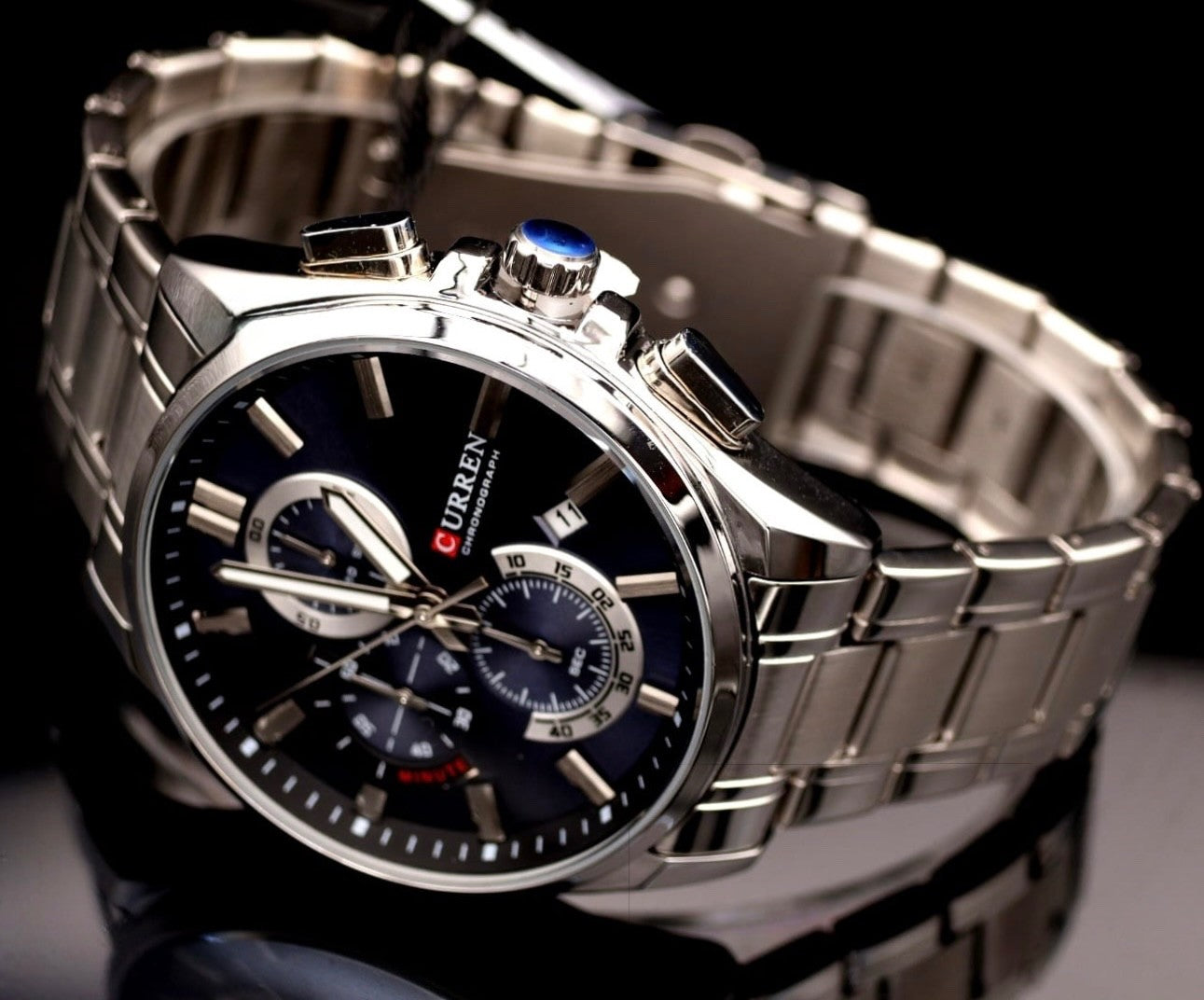 Edle Herren Männer Armband Uhr Chronograph Stoppuhr Datum Blau Silber Farben 21