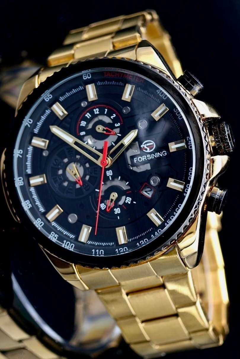 Exklusive Herren Männer Automatik Uhr Gold Farben sportliches Design Kalender #1