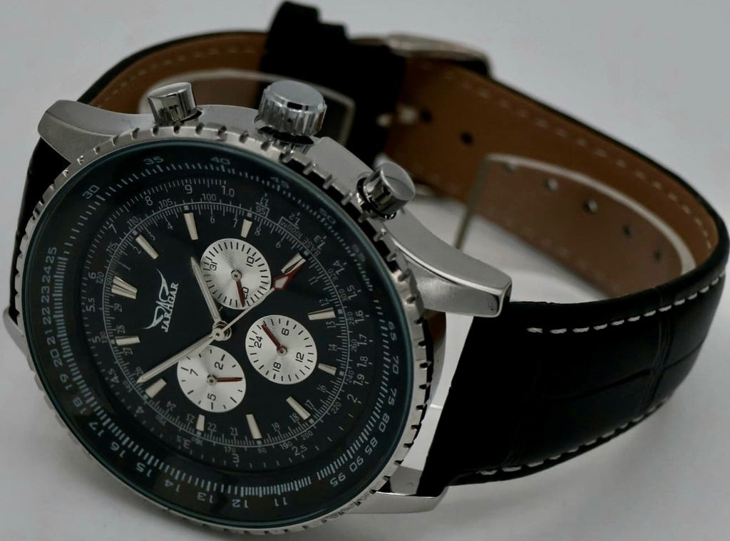 XXL JARAGAR Herren Automatik Uhr Armband Uhr Schwarz Silber Farben mit Lederband1