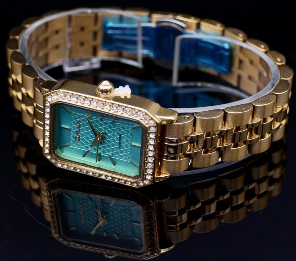 Mega Edle Omax Damen Armband Uhr  Gold Farben Damenuhr Strass IP Veredelt * 771