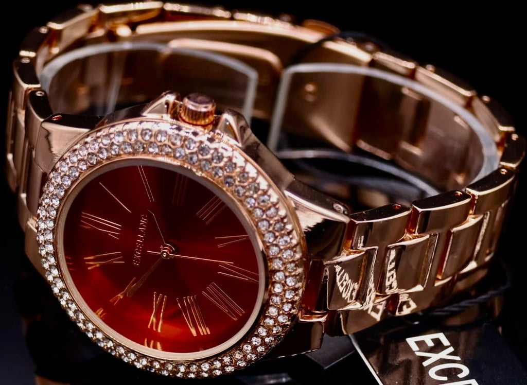 Excellanc Frauen Damen Armband Uhr Bordeaux Rot Rosé Farben Damenuhr  Strass1