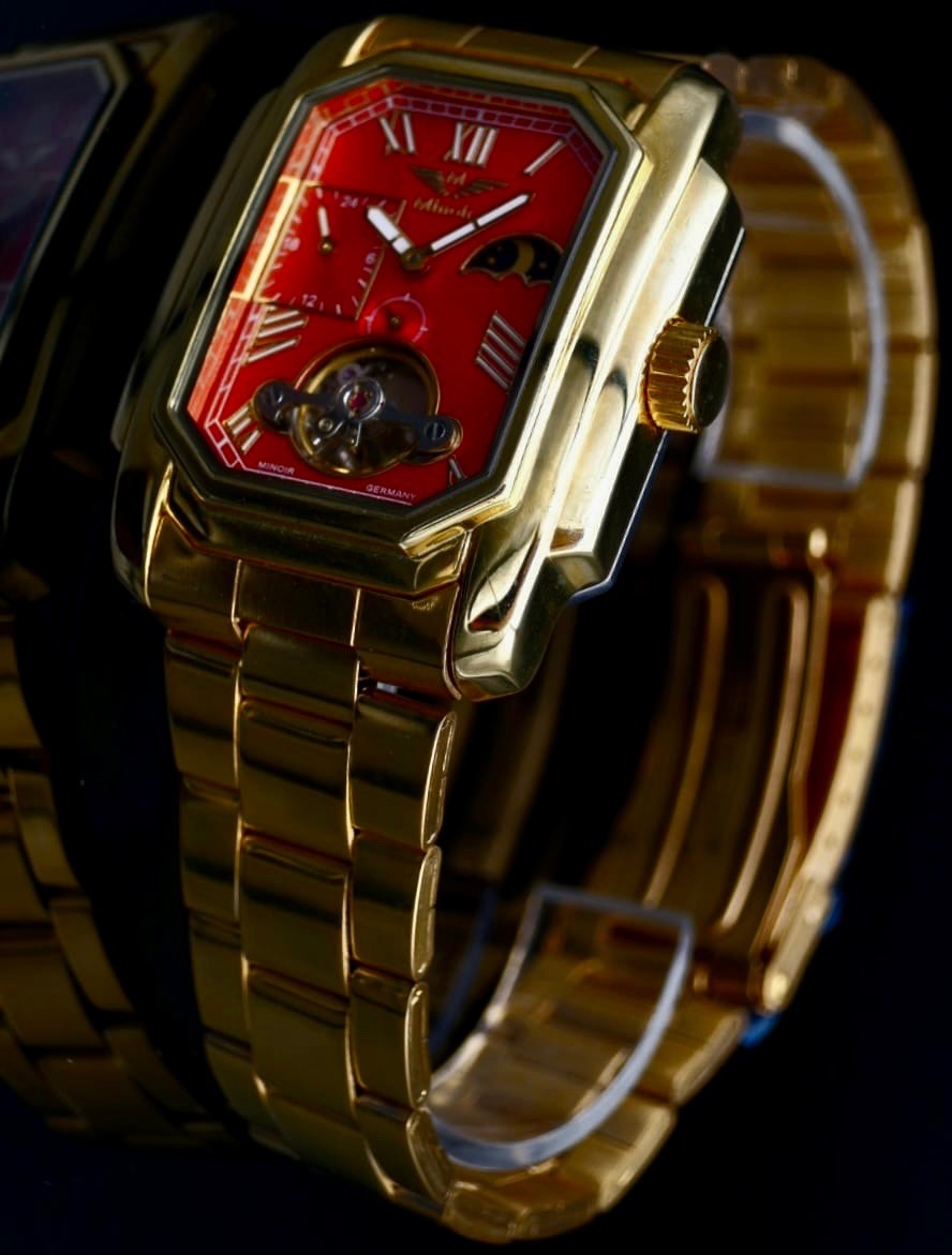 Minoir Automatikuhr Armbanduhr Herrenuhr mit offener Unruh Rot Gold Farben1