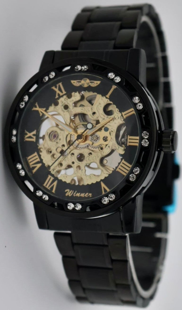 Winner Herren Uhr Mechanisch Handaufzug Skelettuhr Schwarz Keramik Look 40mm0