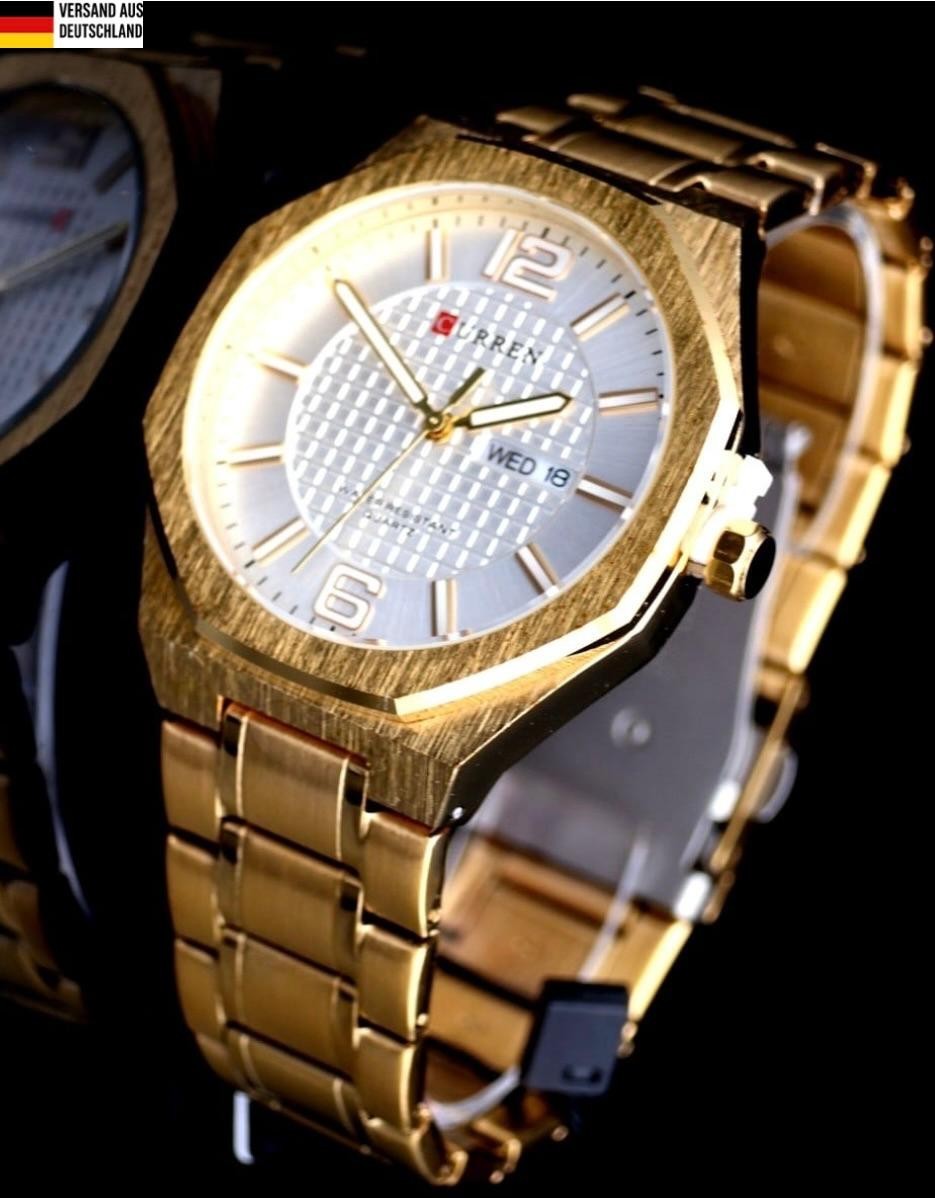 Mega Edle Herren Männer Uhr Armbanduhr Weiß GoldFarben mit Tag/Datumsanzeige NEU0