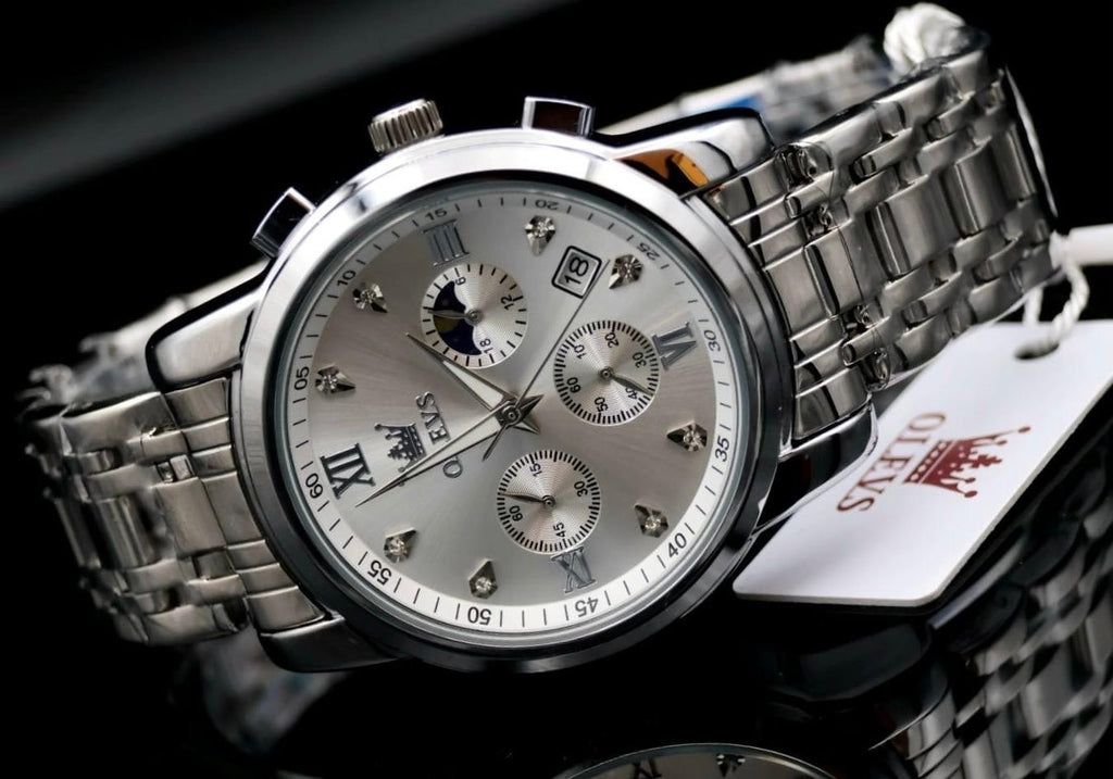 OLEVS Herren Armband Uhr Herrenuhr Chronograph Silber Edelstahl Mondphase Datum1
