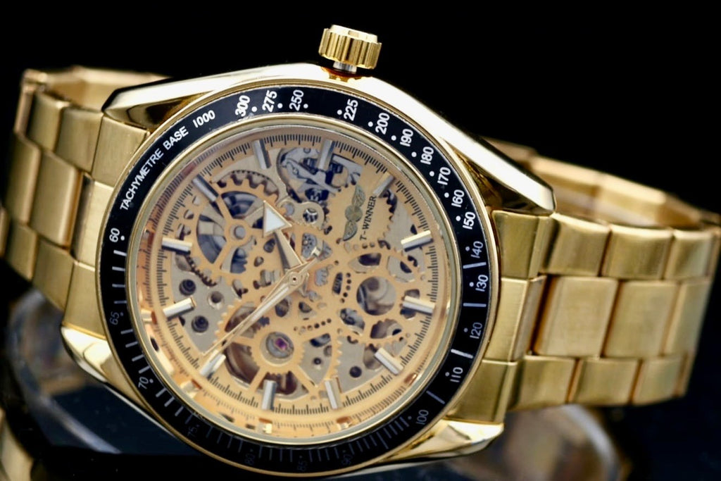 T-Winner Herren Automatikuhr Gold Mechanisch Skelett Uhr Edelstahl Luxus Design0