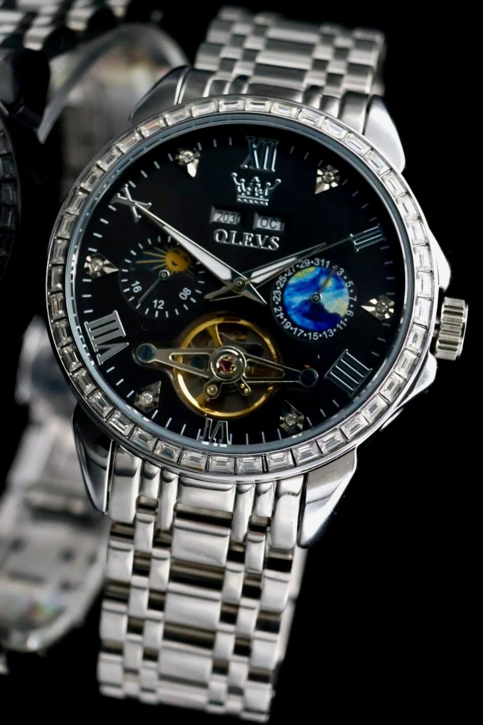 OLEVS Herren Automatik Uhr Armbanduhr Edelstahl Schwarz Silber Kalender Datum0