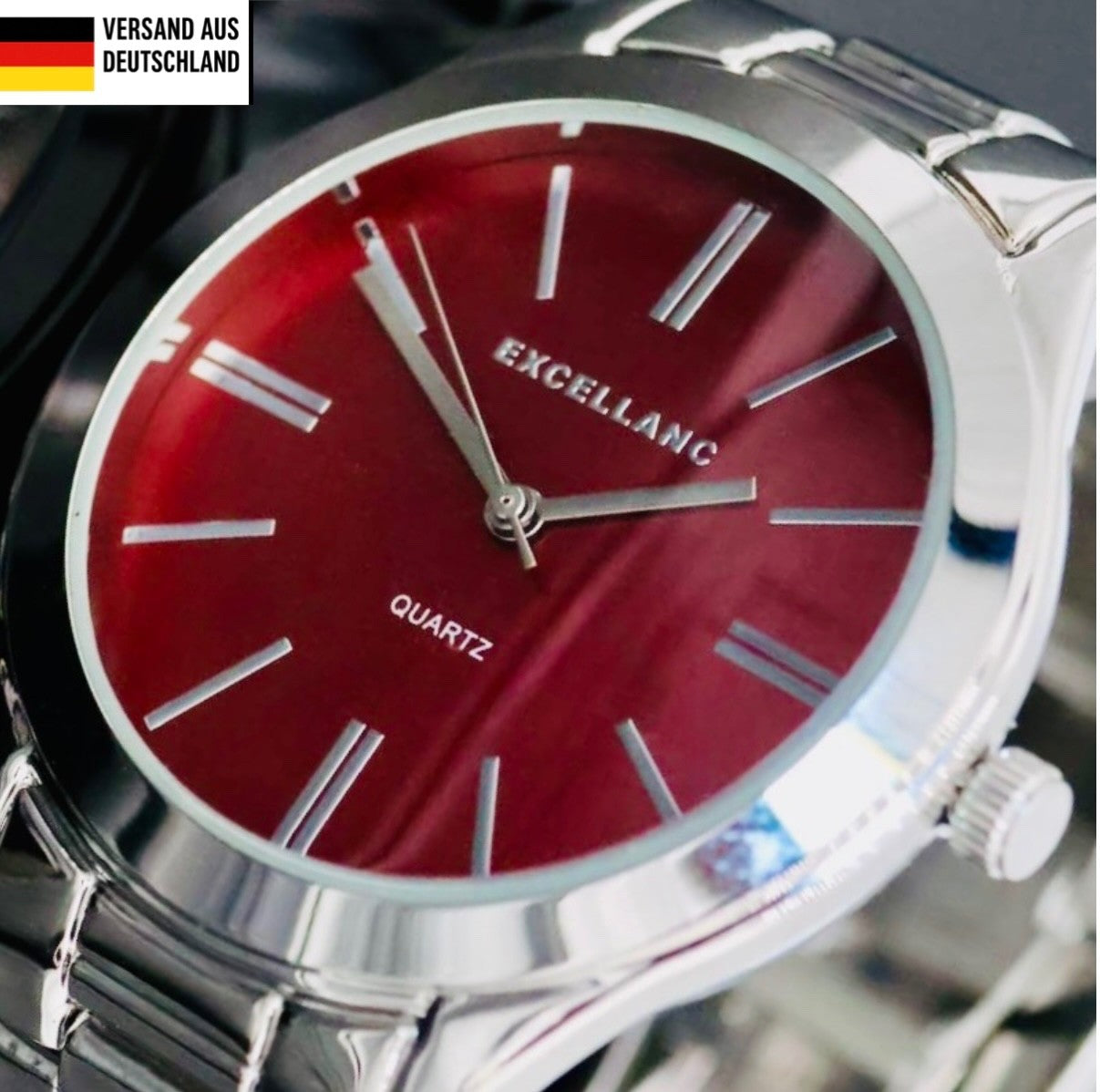 Excellanc  Damen  Armband Uhr Rot Silber Farben Damenuhr Mineralglas0