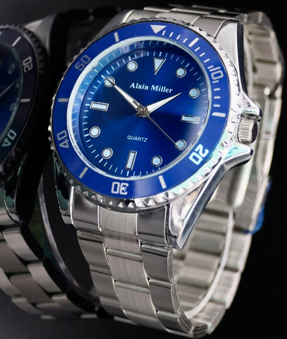 Alain Miller Herren Armband Männer Uhr Silber Blau Farben sportliches Design1