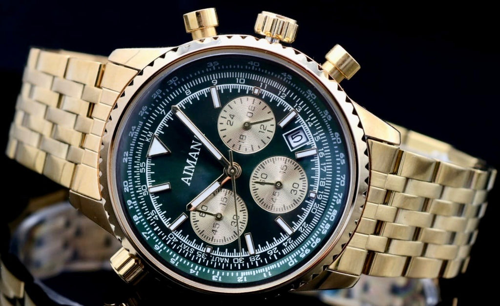 AIMANA - HERREN - CHRONOGRAPH - DATUM - STOPPFUNKTION - 44MM - GRÜN / GOLD - NEU1