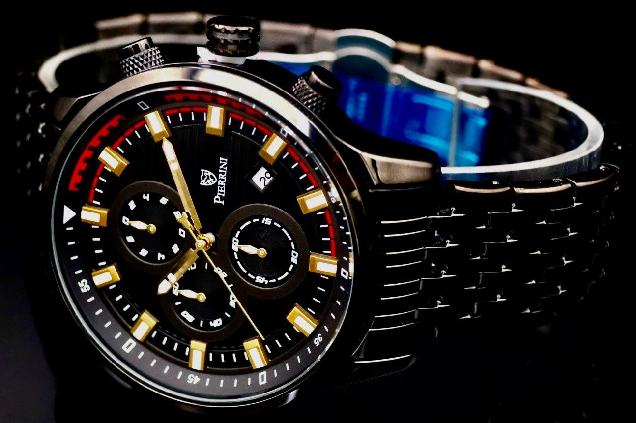 Pierrini Herren Armband Uhr Chronograph Stoppuhr Datum Keramik Look Neu mit Box*1