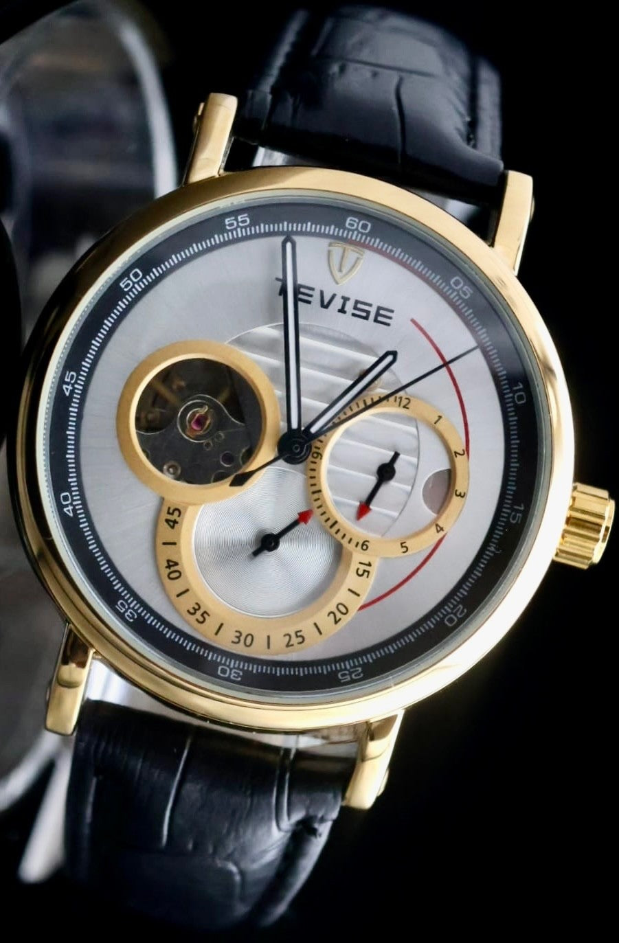 TEVISE Herren Automatik Armband Uhr Weiß Schwarz Farben Leder Sichtboden 42mm0