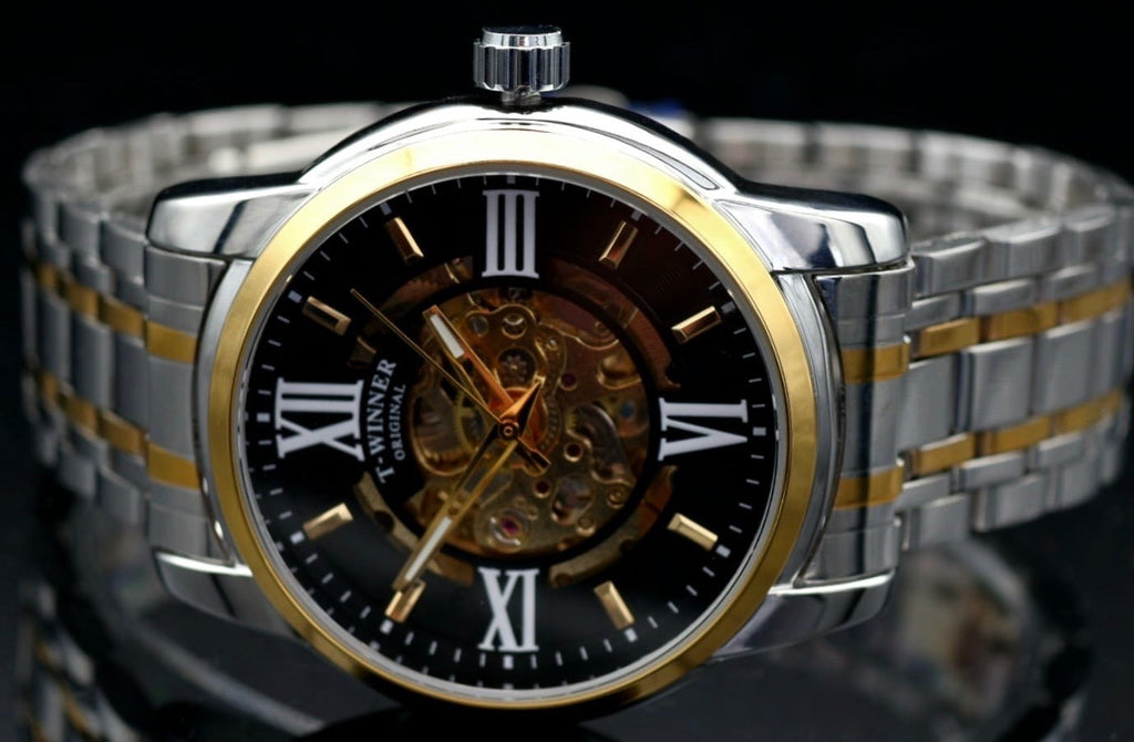 T-WINNER Herren Automatikuhr Silber Bicolor Schwarz Skelett Uhr Edelstahl1