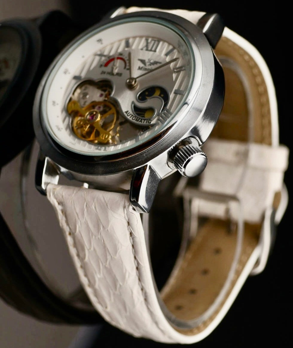 Mega Edle Minoir Automatikuhr Armbanduhr Herrenuhr offene Unruh + Glasboden Weiß0