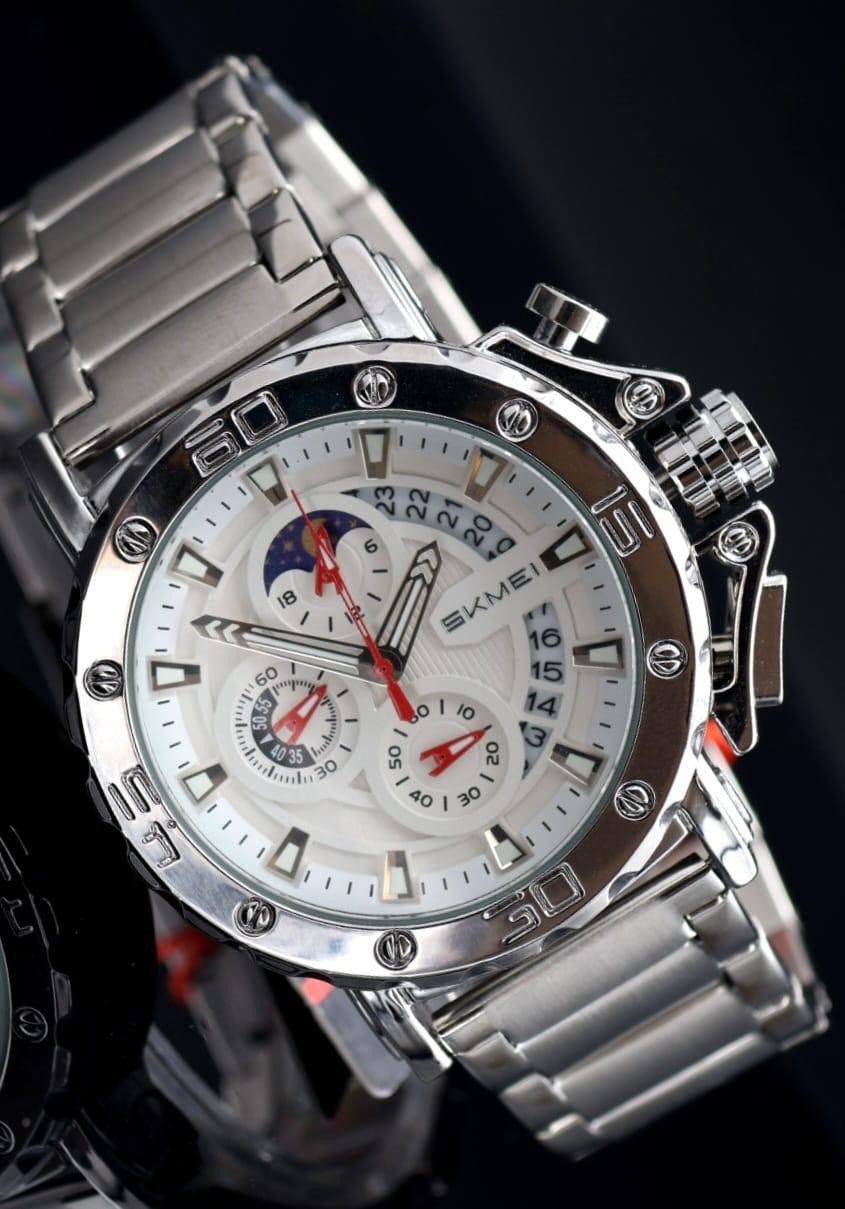 HERREN CHRONOGRAPH ARMBAND UHR SILBER FARBEN LUXURY EDELSTAHL 52MM NEU0