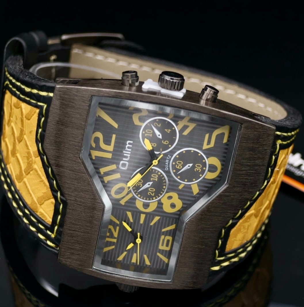 Dual Timer Herrenuhr Braun Gelb Farben Leder Armband Männer Uhr im Chrono Look1