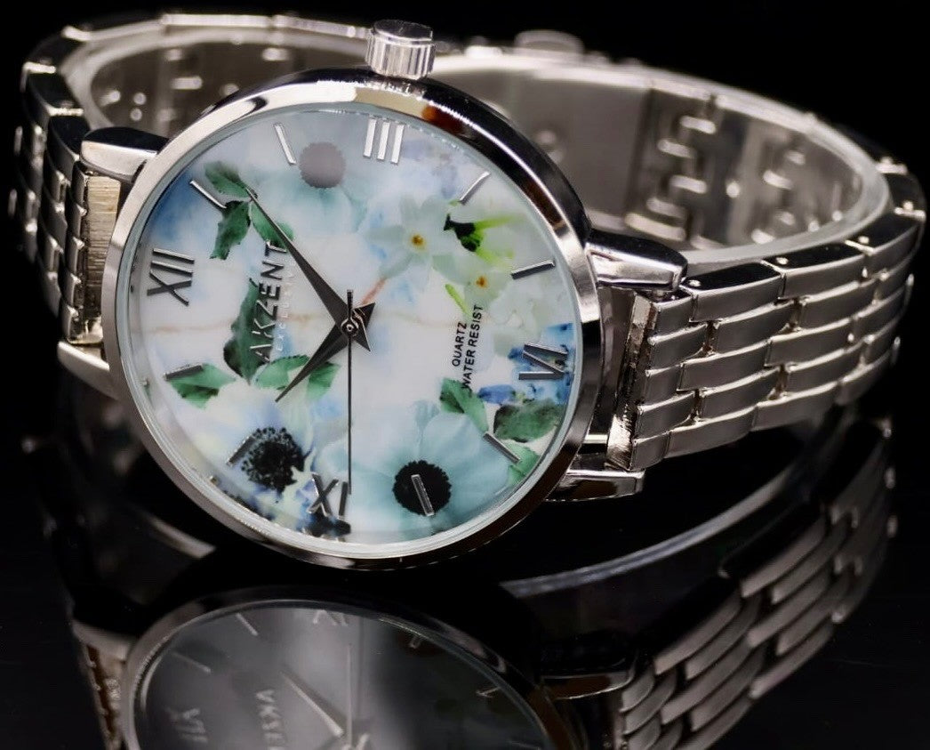 Elegante Akzent Damen Frauen Armband Uhr Silber Farben Damenuhr Blumen Muster1