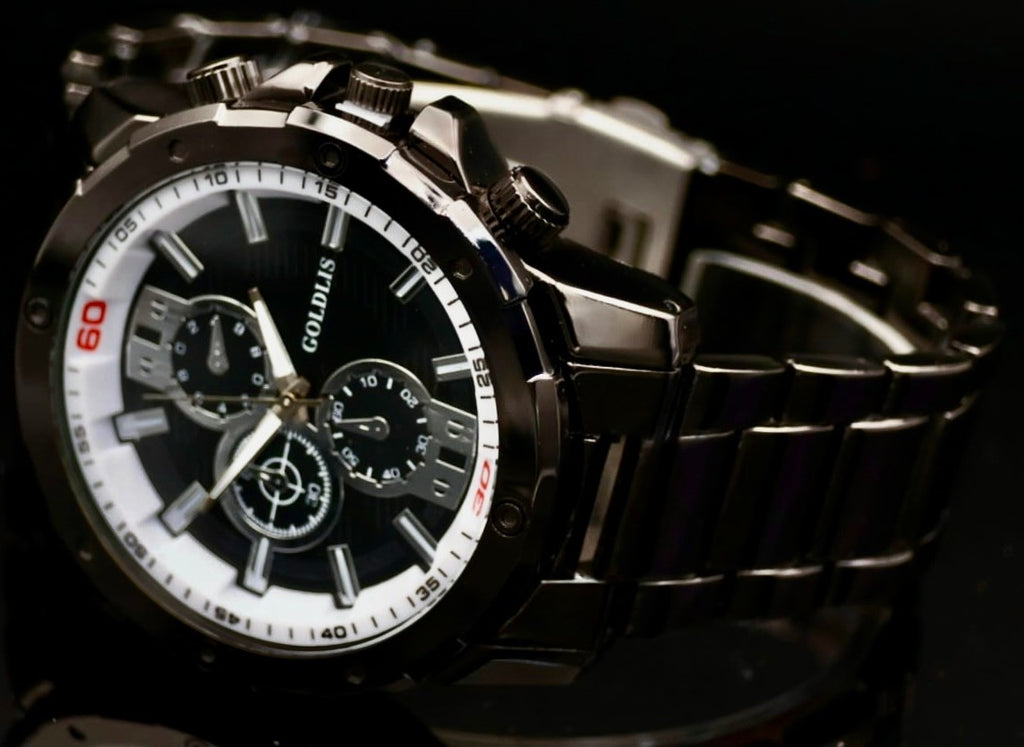 XL Herren Armband Männer Uhr Schwarz Silber Farben Chrono Look NEU * 631