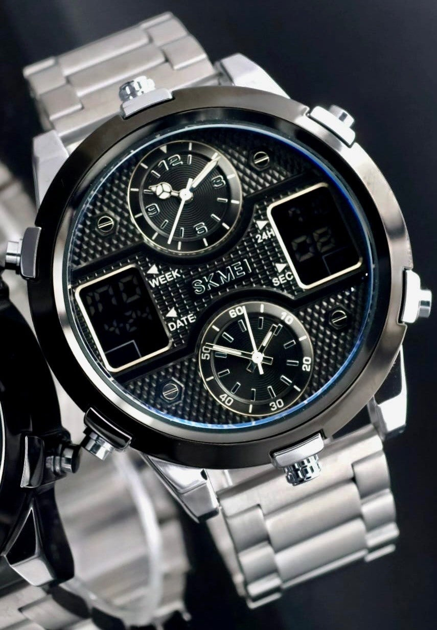 Sportliche Digital & Analog Herren Männer Uhr Armbanduhr Silber Farben 52mm NEU1