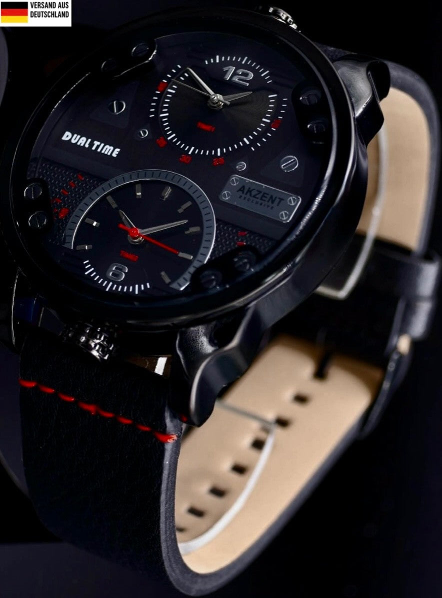 Akzent XL Herren Quarz Armband Männer Uhr Schwarz Dualtimer NEU0