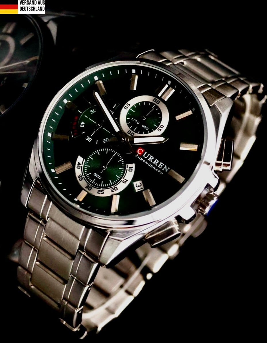 Herren Armband Uhr Edelstahl Chronograph Stoppuhr Datum Grün Silber Farben0