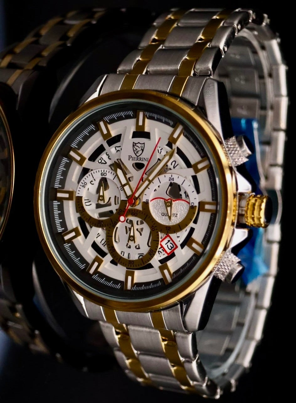Mega Edle Pierrini Herren Armband Uhr Chronograph Stoppuhr Datum Bicolor Neu **1