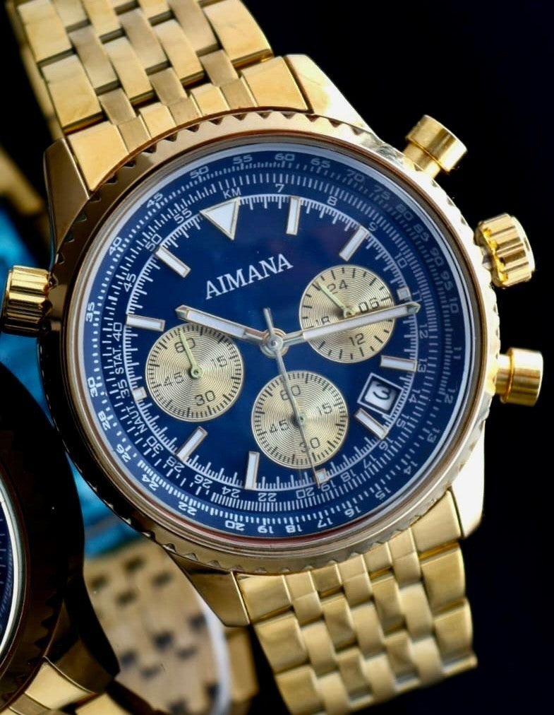 AIMANA  - HERREN - CHRONOGRAPH - STOPPUHR - DATUM - BALU / GOLD - 44MM - NEU0