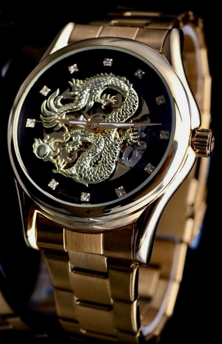 Mega Exklusive Herren Männer Automatik Uhr Schwarz Gold Farben im Drachenstyle0