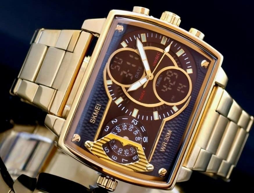 Sportliche Digital & Analog Herren Männer Uhr Armbanduhr Alarm Gold Farben NEU1