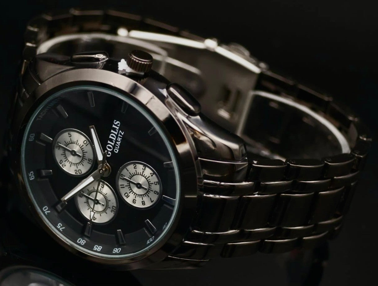 Edle Herren Armband Männer Uhr Schwarz Silber Farben Chrono Look im Keramik Look1