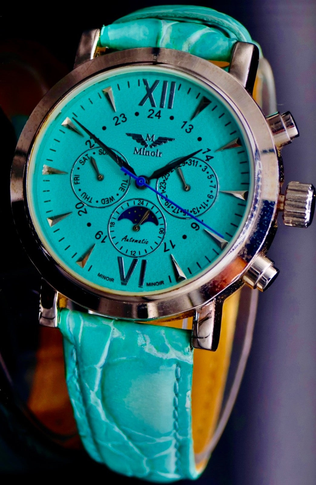 Edle Herren Uhr Automatik Armbanduhr Minoir Herren mit Lederband Türkis Farben0